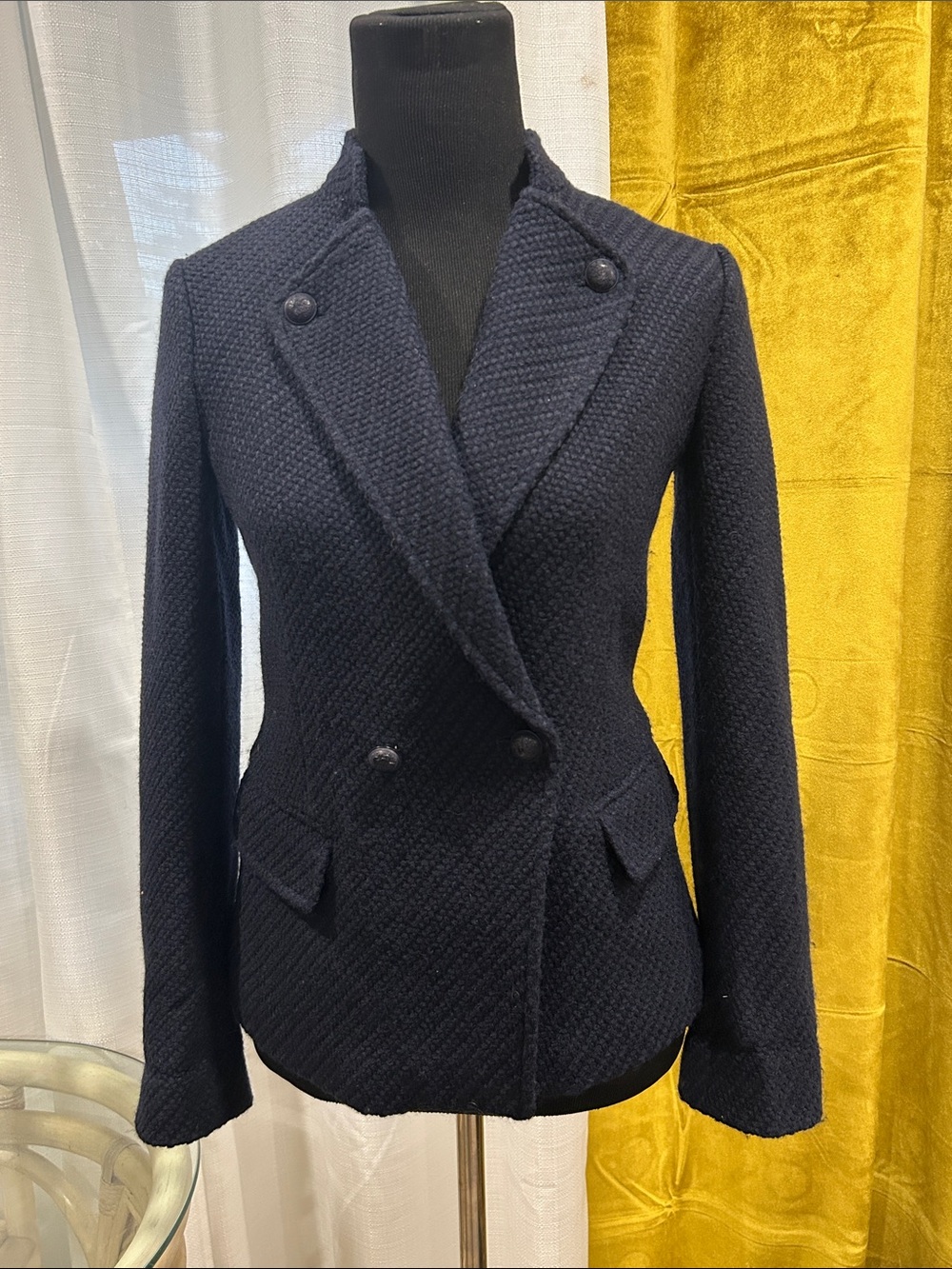 Vince Navy Textured Double-Breasted Blazer 50% wool.